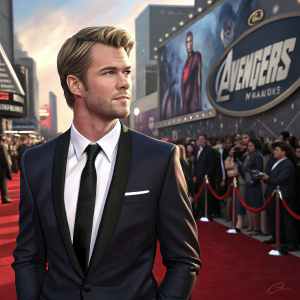 Frazer Harrison at the Avengers premiere. Wears dark suit with white shirt and black tie. Crowd and red carpet visible in the background.