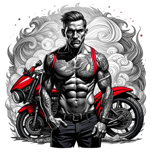 motorcycle biker tattoo design - perfect realistic art - high-definition - grey and black - white background 