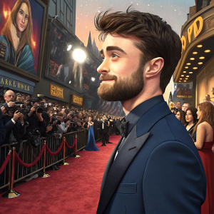 Daniel Radcliffe, with beard, in dark blue suit, attending a movie premiere. Crowded and vibrant red carpet scene.