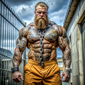 Bodybuilder Viking in a prison jumpsuit with tattoos and scars 