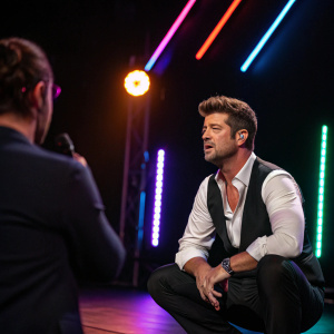 Robin Thicke, musician, mid-conversation on stage. Neon lights in background.