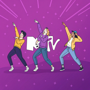 Animated MTV logos dancing on a vibrant purple background.