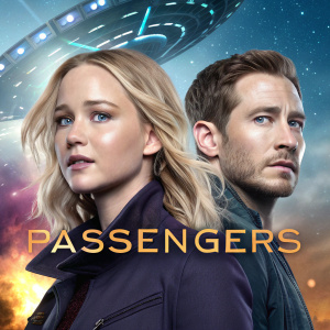 Promotional poster featuring Jennifer Lawrence and Jake Gyllenhaal from the movie 'Passengers'. Imagine Dragons theme prominently displayed.