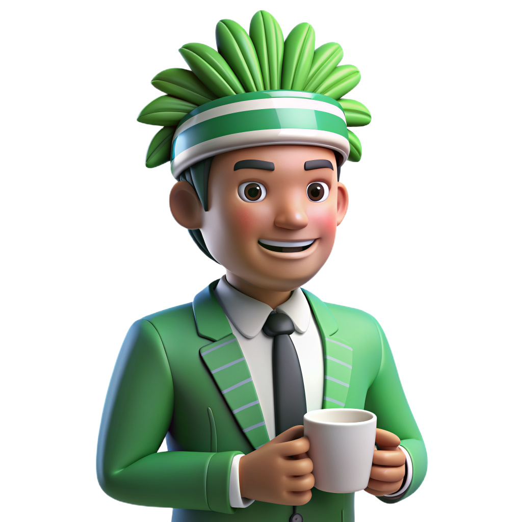 businessman with apache face. with a green and white plume on his head. he enjoys morning coffee in the stadium. His suit is green and white striped.