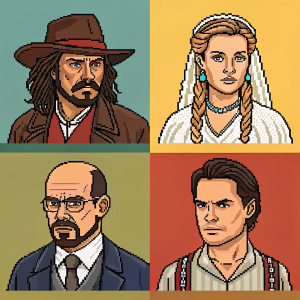 Pixel art illustration featuring iconic characters from The Godfather, Pirates of the Caribbean, Kill Bill, Amélie, The Silence of the Lambs, and Breaking Bad.