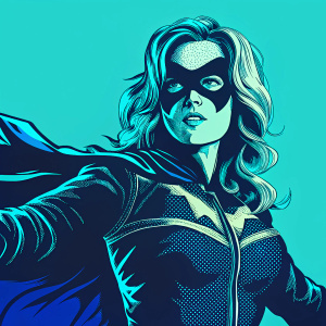 Digital pixel art of Black Canary, DC Comics superhero. Heroic pose, dark background. Black mask, black and gold costume. Tight-fitting bodysuit, pixelated style.