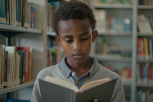 ethiopian teenager guy reading book in library