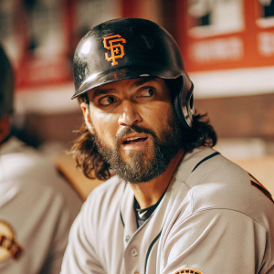 Angel Pagan, a star baseball player, with a full beard and long hair. Wearing a gray jersey with black and gold accents, a black helmet adorned with an orange logo, and gray uniform. Close-up high-resolution photo with shallow depth of field in an indoor baseball setting with a warm-toned backdrop.