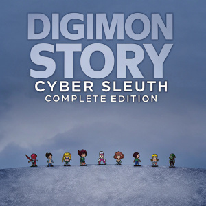 Cover art for Digimon Story: Cyber Sleuth Complete Edition, featuring a colorful array of Digimon characters in dynamic poses. The artwork is set against a backdrop of vibrant blues, greens, and reds. Nintendo Switch logo prominently displayed at the top.