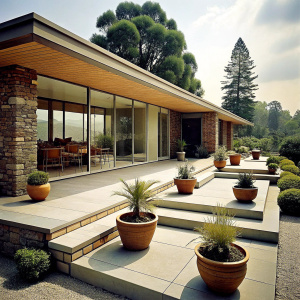 Mid century modern design large outdoor terrace with stones and planters