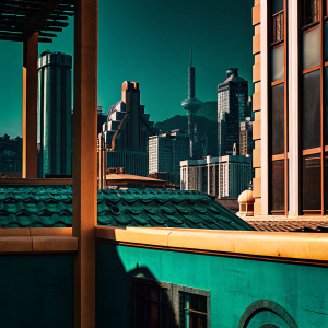 Illustration of Promethea City from Borderlands 3. Vibrant colors and detailed cityscape. Various buildings with unique shapes and textures, set against a bustling urban backdrop.