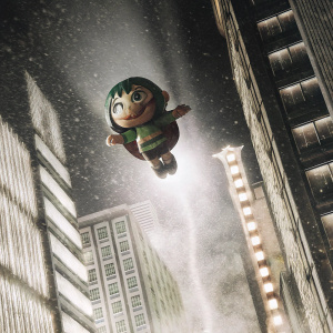 Lum, from Ureshii Yatsura, floating in mid-air with a playful grin. Neon-lit cityscape in the background