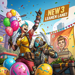 Cartoony illustration with bright colors. Borderlands 3 characters celebrating. Ad for new game release.