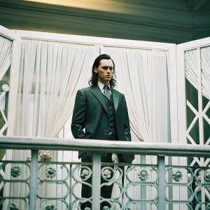 Tom Hiddleston as Loki in formal attire, dark suit and tie, serious expression, against stark white backdrop at award ceremony.