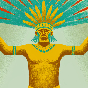 A detailed drawing of Mictlantecuhtli, the Aztec god of the underworld, with outstretched arms and a fierce expression. The artwork features vibrant blue and red hues with green accents. Created on textured paper with a warm, earthy brown tone. The god's muscular physique and intricate headdress are the focal points.