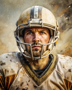 Tilt shot of a person wearing an artistic Sports team uniform (football), hyperrealistic painting, microscopic photo, fullest, gritty coloring, Cascadingpunk, beige, Snortap

