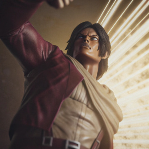 Render of Eren Yeager from Attack on Titan. Determined expression, muscular build. Set against a bright yellow backdrop with digital effects