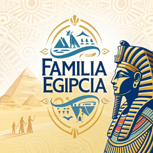 A vibrant logo design for 'Familia Egipcia'. The name is displayed in a sleek, modern font with blue and gold accents, incorporating ancient Egyptian motifs and geometric shapes.