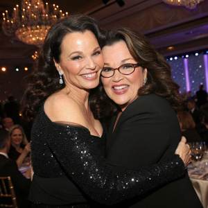 Fran Drescher and Rosie O'Donnell sharing a hug at a glitzy gala. Star-studded event, lavish venue