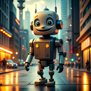 Robot Comic Character, Low Poly, Smiling Face walking in New York street, phone in his hand