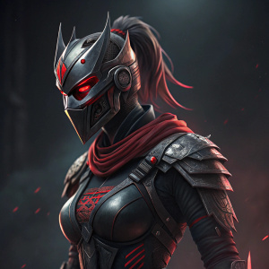 A fierce female character with cyberpunk aesthetic. She wears a mask with sharp edges and red highlights. The outfit blends armor with futuristic elements. Dark background highlights her lean form and determined expression.