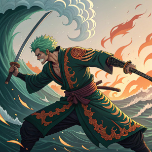 Roronoa Zoro in action pose, intense expression. Martial arts uniform with flames and wave patterns background.