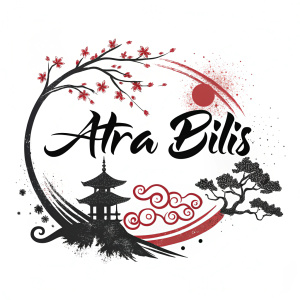 An artistic logo design for 'Atra Bilis'. The font is inspired by traditional Asian calligraphy, adorned with ink splatters and abstract elements.