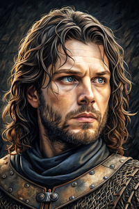 medieval welsh hobelar with brown hair and grey eyes dressed in chainmail hauberk, 30 years old, close up, abstract dark background, comic book style, grimdark
