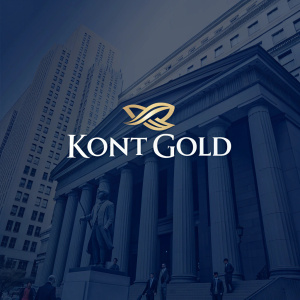 A sleek graphic design for Kont Gold, featuring a dark navy background and blue and gold text. The design prominently displays the brand name and tagline. Included are financial services and logo design elements.