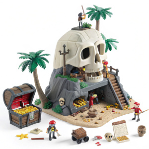 Playmobil's Pirate Skull Island set, featuring a large skull-shaped structure, treasure chests, and tiny pirate figurines. Simple white background
