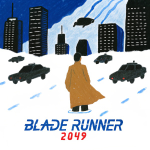 Promotional poster for Blade Runner 2049. Futuristic cityscape with flying cars, central figure in long coat, title at bottom.