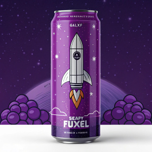 Digital illustration of Galaxy Grape G Fuel, vibrant purple theme. Detailed packaging with futuristic rocket design.