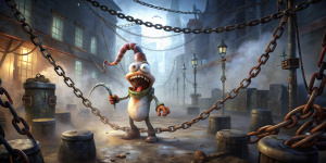 Earth Worm Jim in Silent Hill, chains, blood, horror, scary, mist