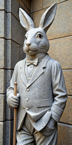 Marble statue of a rabbit taking a watch out of his waistcoat pocket and holding an umbrella in the other hand.