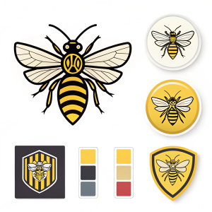 Design concept for Watford FC logo featuring a bee with yellow and black stripes. Logo variations include badge styles with team colors and various sizes. All designs are displayed on a clean white background.