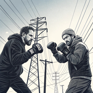 A striking black and white design featuring Jesse Rivas and Joe Gilpin, hosts of Fighter's Block. Illustration combines boxing imagery with industrial power lines, creating a bold, graphic contrast.