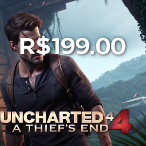 Website banner featuring Uncharted 4: A Thief's End. Portuguese text highlights special offer of R$199.00. Gaming theme with rugged male character.