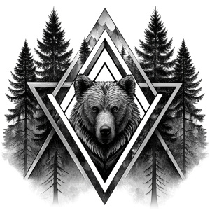 valknut runes pattern geometric symbols - bear and trees - tattoo design - perfect realistic art - high-definition - grey and black - white background 