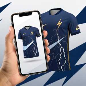 Mockup of a Nike jersey. Dark blue with lightning bolt patterns. Nike swoosh logo. Abstract background with sporty vibe.