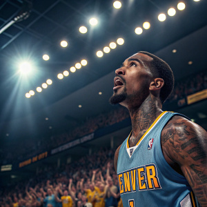 JR Smith, looking intense, in Denver Nuggets jersey. Stadium lights overhead, crowd in background.