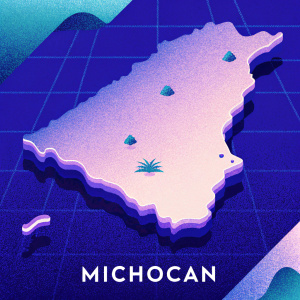 Flat design map of Michoacán, Mexico. Dark teal and muted beige color scheme. State name 'MICHOCÁN' at the bottom. Simple graphic layout focusing on shape and geographical layout.