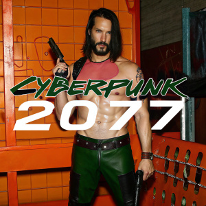 Johnny Silverhand, a muscular character from Cyberpunk 2077, posing in a gritty warehouse. Futuristic graffiti and neon lights surround him. The title 'Cyberpunk 2077' is prominently displayed.