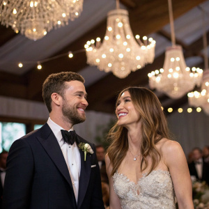 Justin Timberlake and Jessica Biel, beaming at a glamorous wedding reception. Indoor event, chandeliers hanging from ceiling, blurred guests in background.