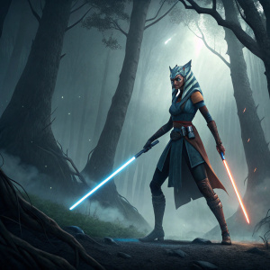 Illustration of Ahsoka Tano, a character from Star Wars, in an epic pose. Dark and stormy forest background.