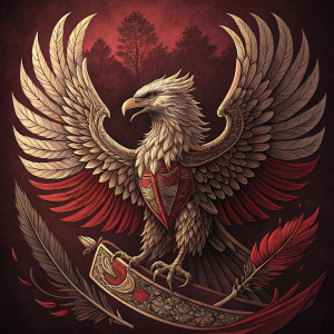 Digital illustration of Garuda, Indonesia's emblem. Detailed wings and feathers. Dark, rich red background.