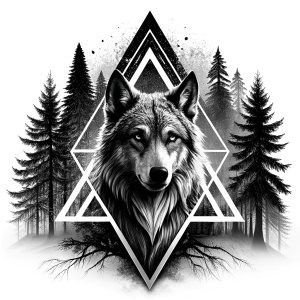 valknut runes pattern geometric symbols - wolf and trees - tattoo design - perfect realistic art - high-definition - grey and black - white background 