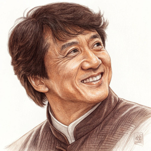 A detailed charcoal drawing of Jackie Chan. Smiling face with expressive eyes. Warm brown tones, sketch style