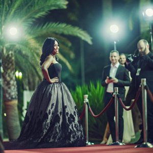 Nia Long at an award show, stunning in a black and gray gown with intricate lace detailing. Standing confidently on a red carpet, surrounded by flashing cameras and other celebrities.