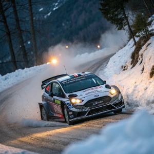 Rally car Ford Fiesta R5, sponsored by multiple companies, speeding through a winter rally track, creating a trail of snow behind it.