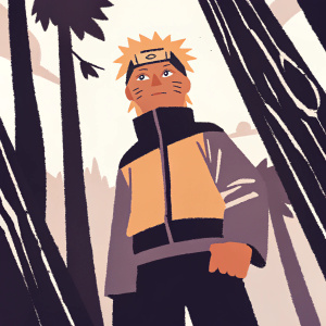Illustration of Naruto Uzumaki from the Naruto anime series. Full body shot, blue jacket, forest background.